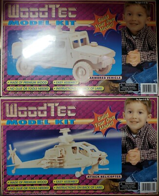 2 NEW WoodTec 3D Model Puzzle Kit Armored Vehicle & Attack Helicopter - Easy