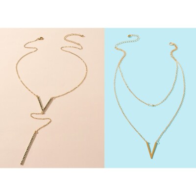 2 pcs Rhinestone Decor Golden Y Style Stick Pendant Double layer Necklace set