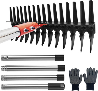 Thatch Rake with Upgraded Steel Metal Tines, Adjustable Heavy Duty Dethatcher Ra