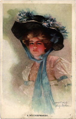 PC ARTIST SIGNED, P. BOILEAU, GLAMOUR LADY IN BIG HAT, Vintage Postcard (b57543)
