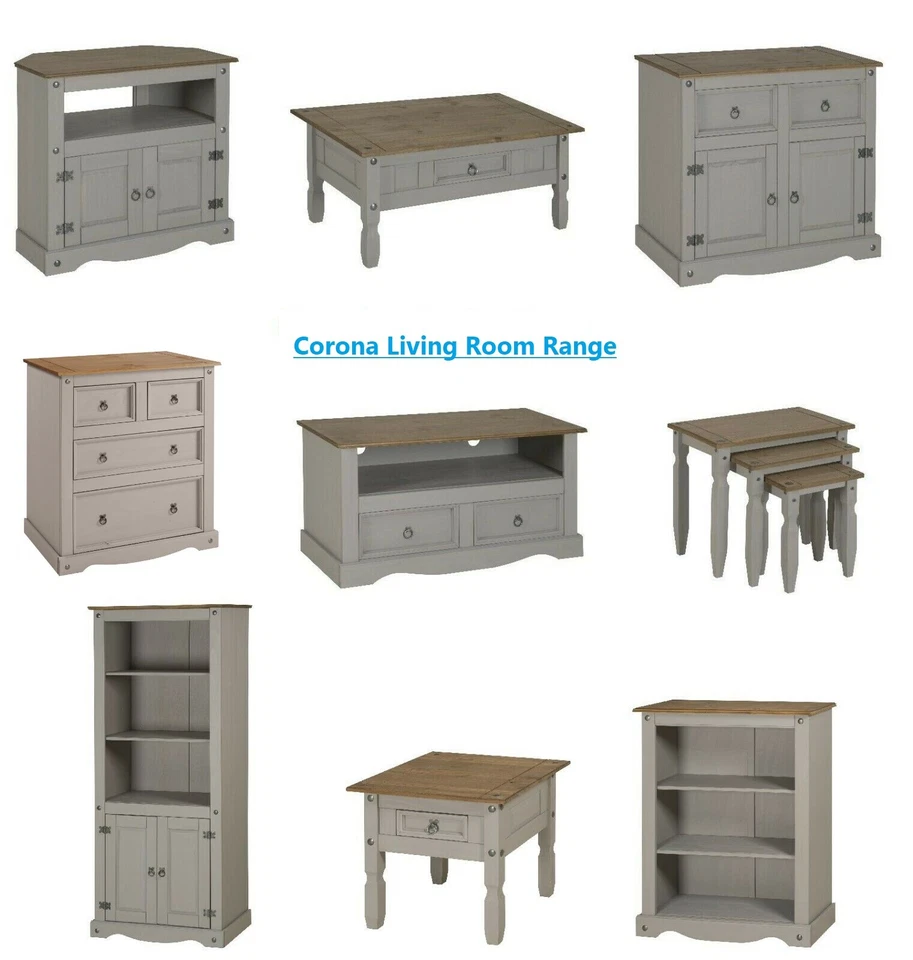 Corona Solid Pine furniture Grey Wax TV Sideboard Bookcase Coffee Table Nest