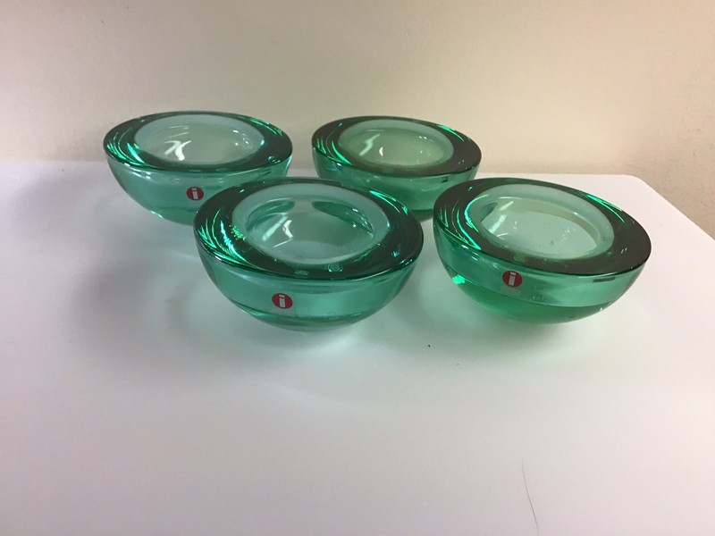 4 Vtg LITTALA FINLAND  Emerald Green BALLO Tealight Candle Holders w Stickers