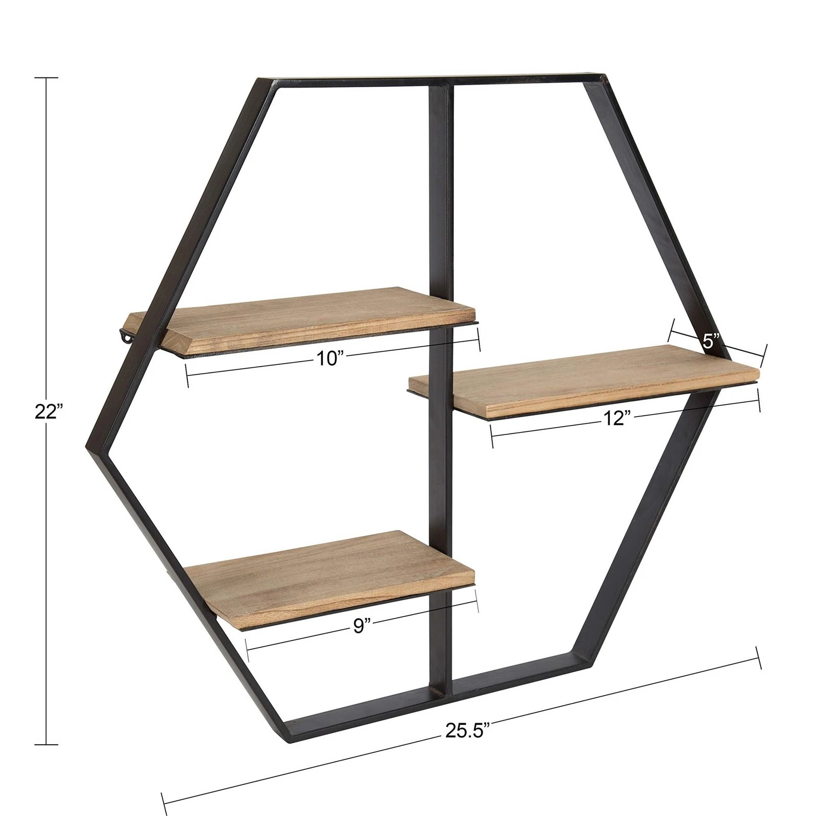 Kate and Laurel Ladd Hexagon Shaped Floating Wood Wall Shelf with Black Metal Fr