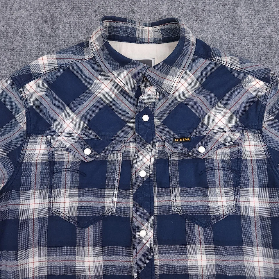 G Star RAW Shirt Mens Medium Blue Plaid Arc 3D Western Snap Button Long Sleeve - Image 3 of 4