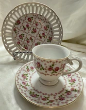 Vintage China Demitasse Teacup, Saucer & Lattice Plate Floral Pink Daisy Japan