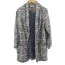 Max Studio London Blue White Textured Open Front Blazer Jacket Size Large Fringe