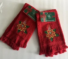 Vintage Sultans Linens Cotton Christmas Poinsettia Fingertip Towels Bath Kitchen