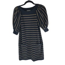 Coldwater Creek Navy Beige Striped Puff Sleeve Sweater Dress Pockets XS