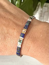 Miyuki Bead Stretch Bracelet Navy Blues/Greens Gold Tone Beads Brand New
