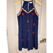 THML Navy Blue Halter Mini Dress Orange Diamond Embroidered Boho Women Size S