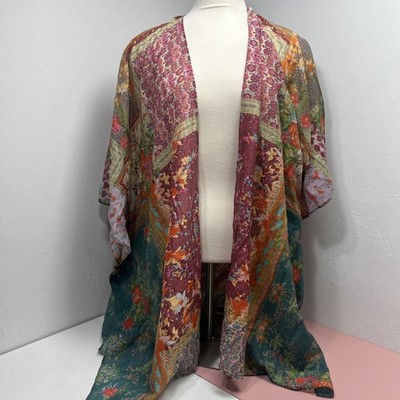 COLDWATER CREEK Cotton Silk Boho Pattern Kimono Top Semi Sheer India One Size