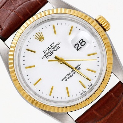 Rolex Datejust 1601 36mm White Dial 18k Gold Fluted Bezel Stainless Steel Watch