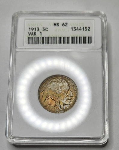 1913 P ANACS MS62 - Toned Buffalo Nickel Type 1 - 5c US Coin #57452A