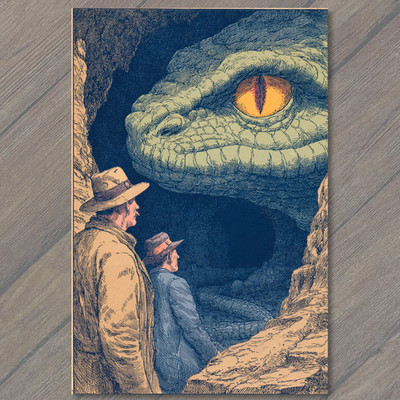 POSTCARD Giant Reptile Eye Cave Explorers Retro Fantasy