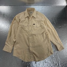 Vintage 70s LEE Western Pearl Snap Shirt Mens Size L Tan Velour USA Made Cowboy