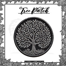 Tree of Life Embroidered Iron-On Patch - Large Round Black  White Sew-On Badge