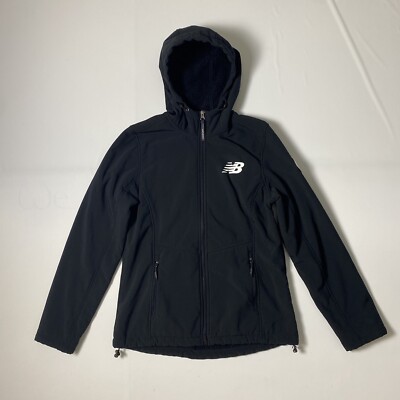 New Balance Womens Small Black Nylon Fleece Lined Softshell Jacket Hooded  Zip Up