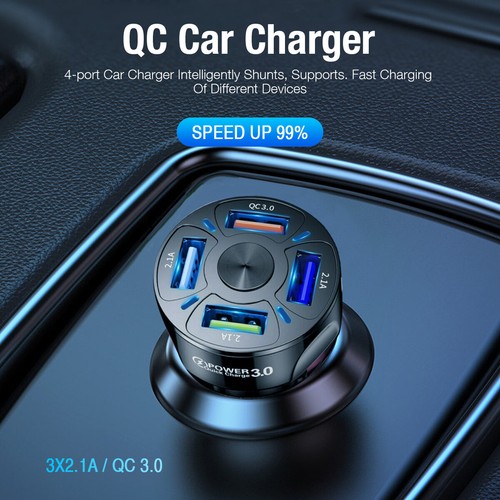 4 USB Phone Car Charger Adapter LED Display QC 3.0 Fast Charging Car