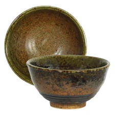 Japanese Rice Soup Bowl 4.75"D Ceramic Minokodo Brown Green Rust Made in Japan