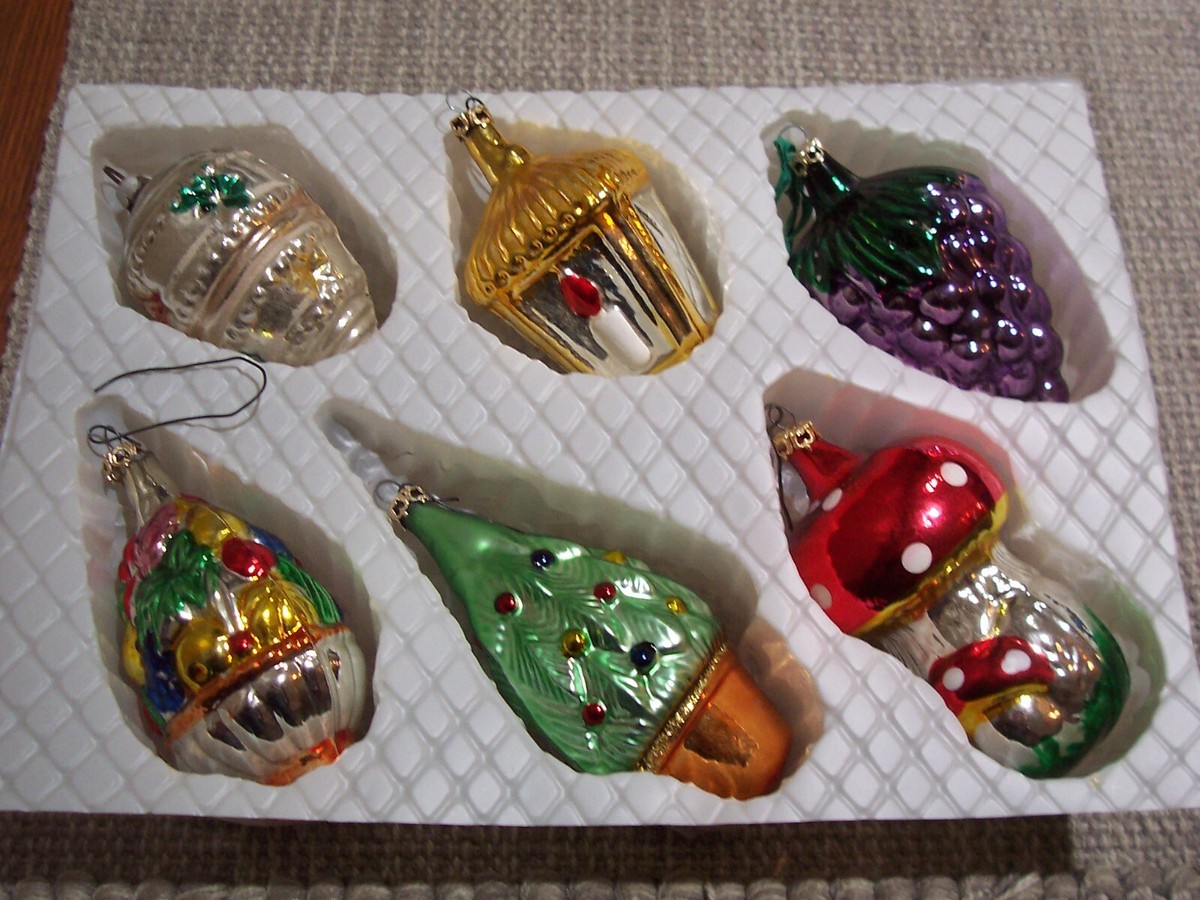 Vintage Boxed Set - 6 Kurt S Adler Glass Christmas Tree Ornaments