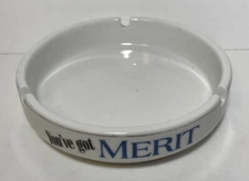 Vintage You’ve Got Merit Round White Ceramic Advertising Table Cigarette Ashtray