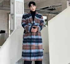 Men's Fashion Winter Retro Lapel Long Sleeve Loose Plaid Overcoats Wool Coats