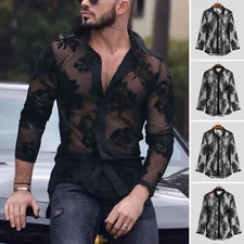 Men's Long Sleeve Shirt Mesh Sexy See Through Blouse Button Up Tee Shirt Party