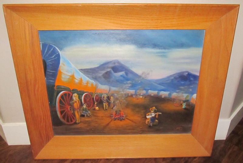 Antique 1958 Old West Doyle Art Picture Painting Western Chuck Wagon Cowboys