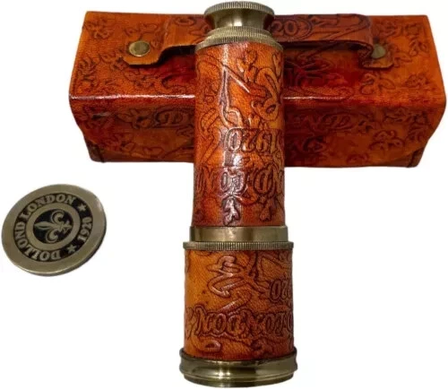 Nautical Telescope Designer Leather & Brass Hand held Vintage Telescope - Image 2 of 4