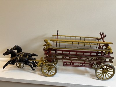 Antique Cast Iron 2 Horse Drawn Fire Wagon and Ladder.