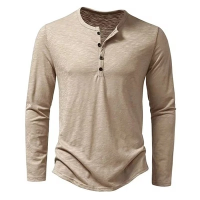 Men's Shirt Cotton Henley Neck T-Shirts Long Sleeve Casual Button Plain - Image 1 of 4