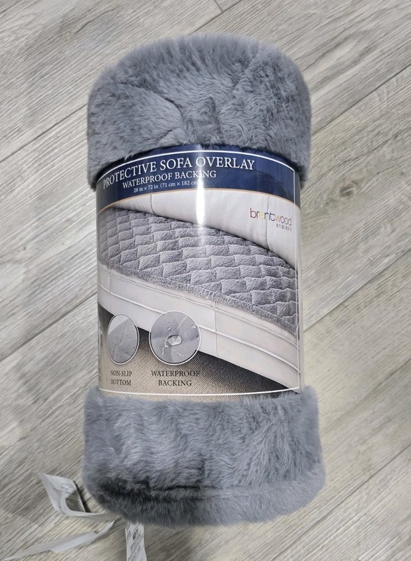 Brentwood Protective Sofa Overlay Grey Faux Fur 28x72” Waterproof Backing- NEW