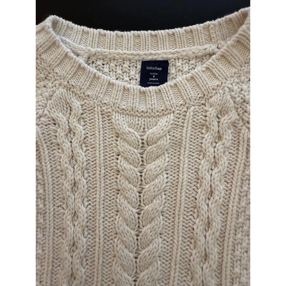 Vestido suéter Gap bebê malha cabo criança meninas tamanho 4 creme bolsos manga longa - Imagem 2 de 4