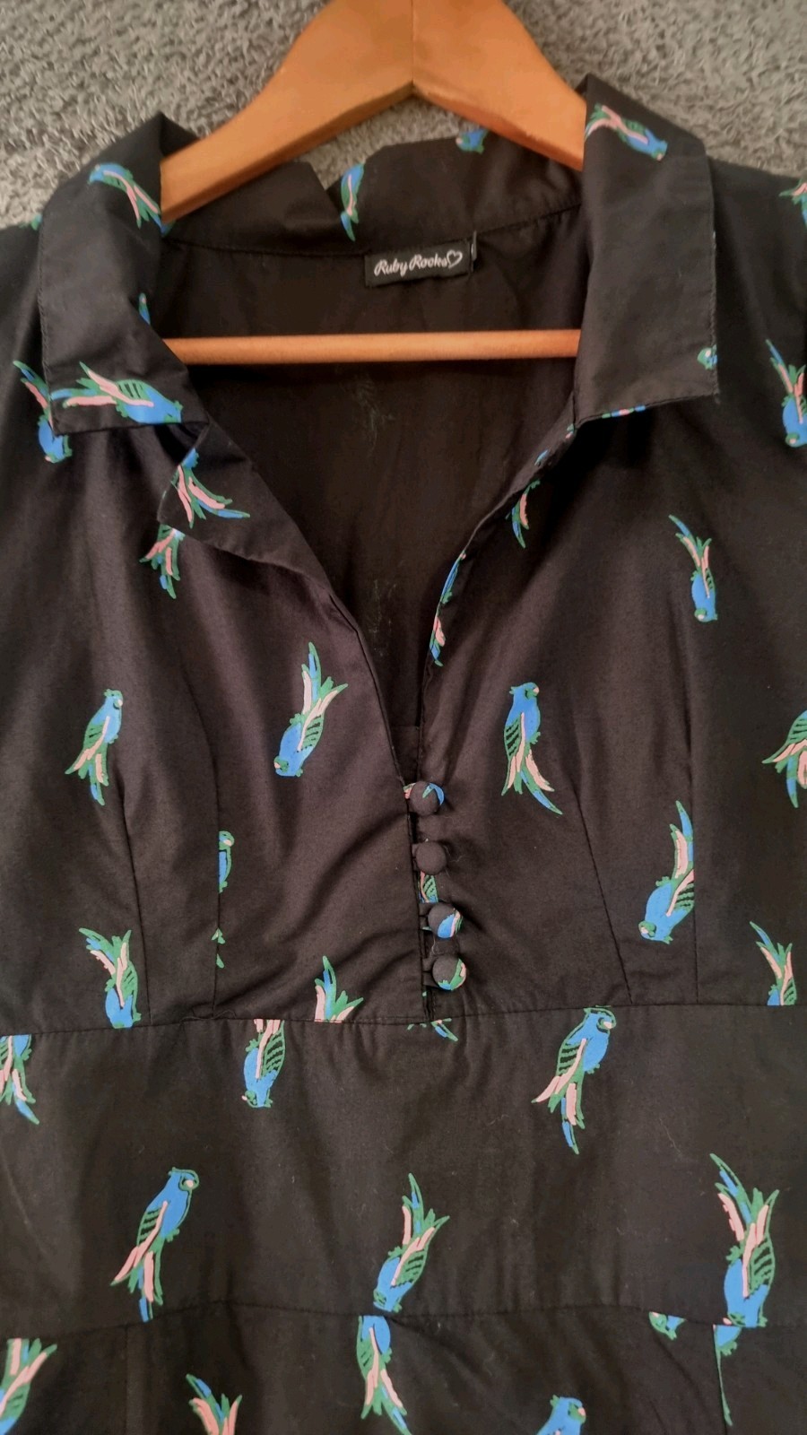 Bird Print Collared Tea Dress Black Self Tie Waist Fit&Flare UK 8 Ruby Rocks Y2K image 3