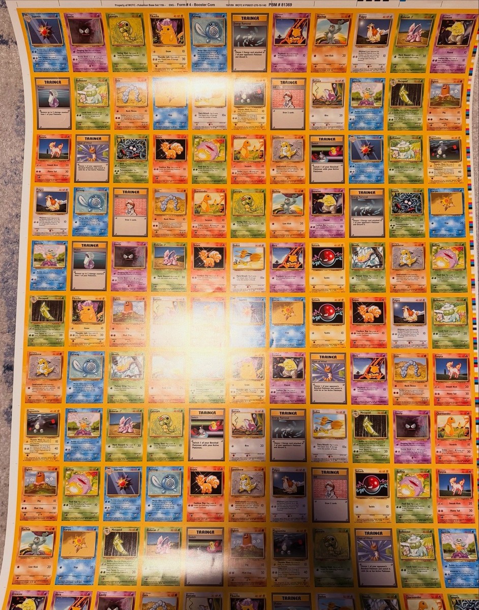 Uncut Pokemon Card Sheet - Base Set Commons Uncut Pokemon Card Sheet - Base Set Commons