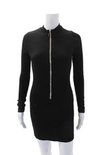Monrow Womens Ribbed Mock Neck Zip Up Long Sleeve Bodycon Dress Black Size XS