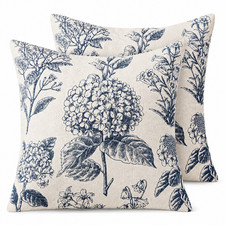 Set of 2 Decorative Floral Neutral Pillow Covers 18x18 Inch Light Blue Hydrangea