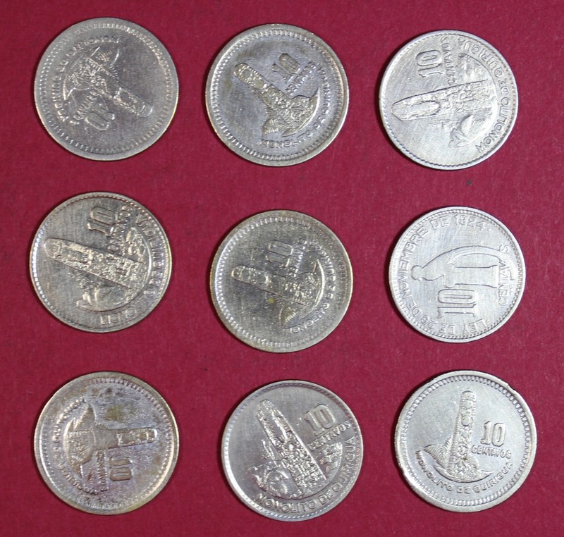 LOT OF NINE (9) GUATEMALA 10 CENTAVOS SILVER COINS   *0.693 ASW TOTAL*