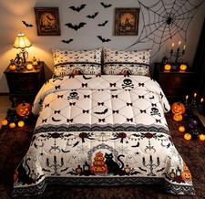 Gothic Halloween Comforter Set Queen Size,Black Cat Pumpkin Floral Bedding Sets