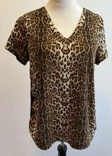 Doe & Rae Women’s V-Neck Shirt Sleeve Leopard Print Top SZ S Black Brown Shirt