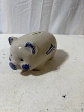 Piggy Bank Vintage White Stoneware PotteryRubber Stopper Vintage Blue 6” x 3.5”