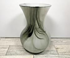 Hand-Blown Glass Vase Black  White Swirl Pattern 7" Glossy Abstract