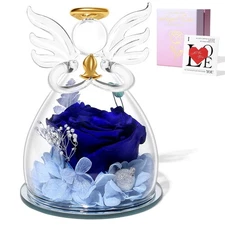 Blue Preserved Rose in Glass Dome Angel Figurine - Real Eternal Flower, Gift ...