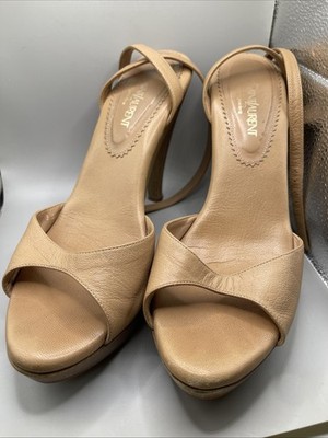 YSL Rive Gauche Brown Leather Strappy Sandal Heels Size 37