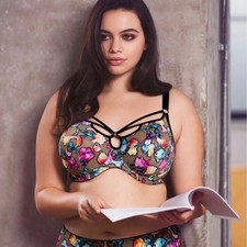 ELOMI Plunge Bra Underwire Cage Soraya Black Floral Strappy Mesh Plus Curvy 38DD