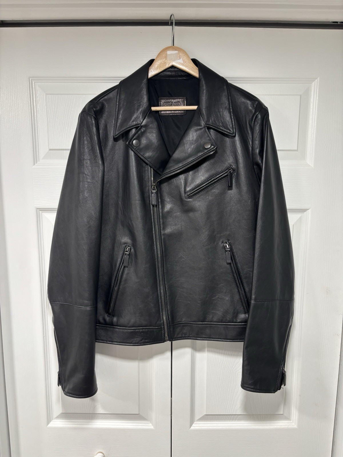 Black PRADA Biker Style Leather Jacket Men’s Size 48 Made In Italy Rare