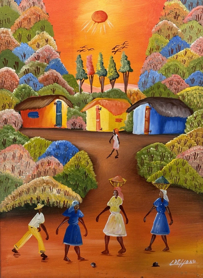 Haitian Village Vibrant Original Signed Painting, Cultural Fine Art Decor Gifts - Image 2 of 4