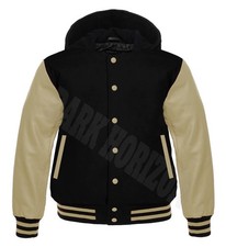 Varsity Letterman Basebal Black Wool Cream Cowhide Leather Sleeve College Hoody