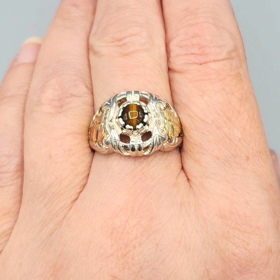 Anillo Coleman Co 14K Black Hill Oro Plata Esterlina Ojo de Tigre Cúpula Talla 7 5.9g Foto 4 de 4