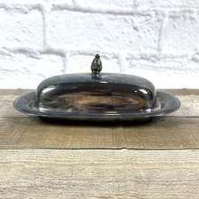 Wm Rogers Silver Plate MCM Covered Butter Dish Starburst Glass Insert Lid VTG